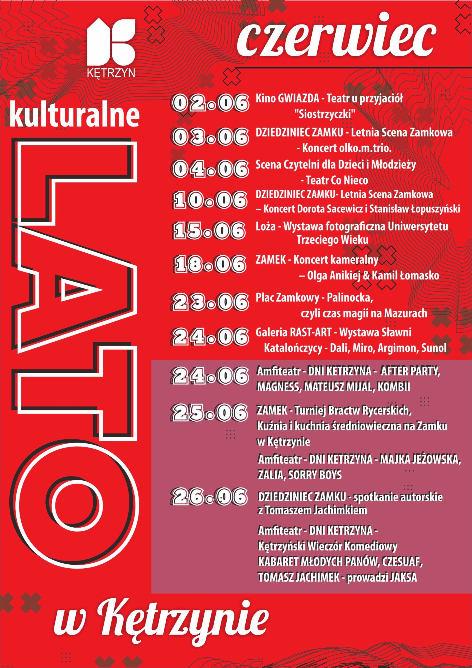 Infografika kalendarz lato w Kętrzynie - czerwiec. Spis imprez. Powyżej plik do pobrania w pdf