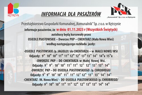 Informacja ws. kursowania komunikacji miejskiej w dniu 1 listopada 2023