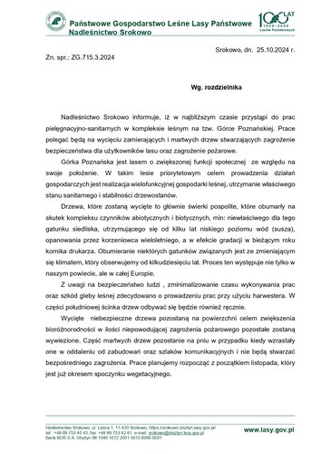 Komunikat Nadleśnictwa Srokowo dot. prac pielęgnacyjno-sanitarnych na tzw. Górce Poznańskiej
