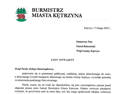 List otwarty Burmistrza Miasta Kętrzyna