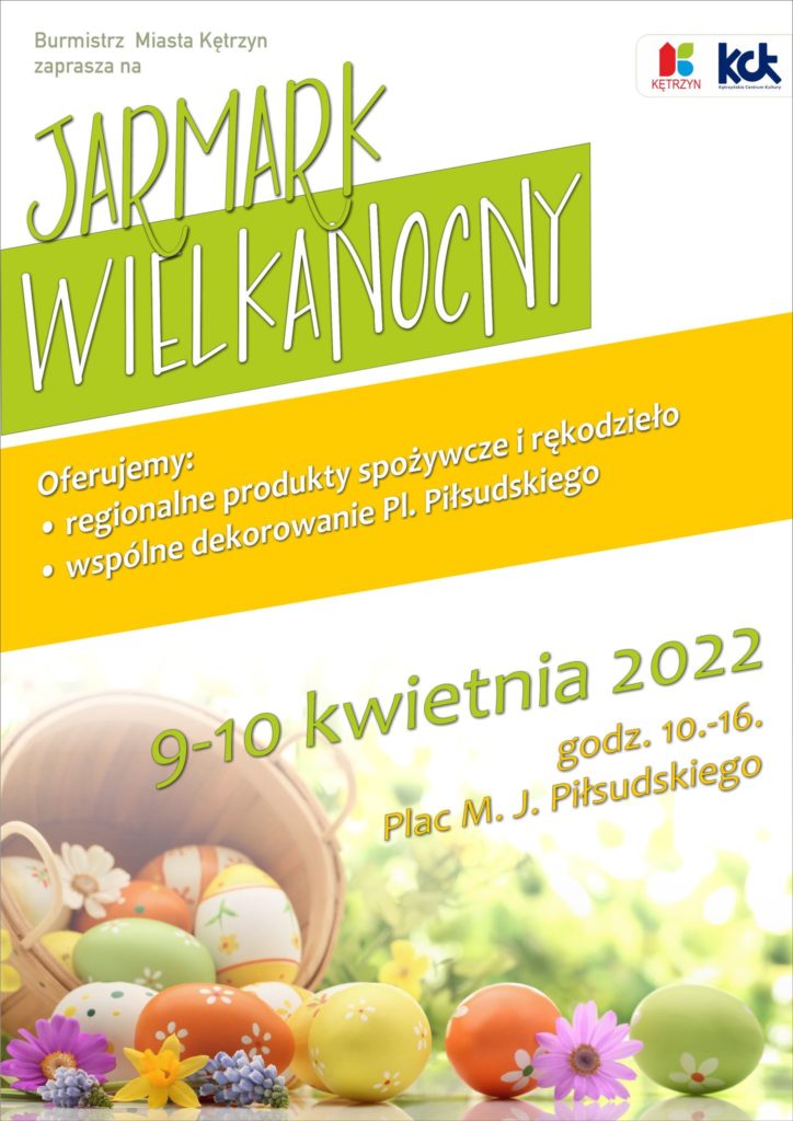 Szukacie pomysłu na wielkanocne udekorowanie domu? Jarmark Wielkanocny w Kętrzynie to doskonała okazja do zaopatrzenia się w wyjątkowe ozdoby świąteczne. ?? W sobotę i niedzielę, 9 i 10 kwietnia pod Ratuszem pojawią się m.in. stroiki, ciasta, wędliny i wszystko co kojarzy się z Wielkanocą. Na wydarzenie zaprasza Burmistrz Miasto Kętrzyn Ryszard Henryk Niedziółka Planując świąteczne zakupy warto pomyśleć o odwiedzeniu kętrzyńskiego placu, gdzie na urokliwych stoiskach już od 9 kwietnia (sobota) kilkunastu wystawców będzie oferować swoje produkty. Wśród nich z pewnością nie zabraknie okolicznościowego rękodzieła i pysznych regionalnych specjałów. Jarmark potrwa do 10 kwietnia (niedziela) a domki handlowe otwarte będą w godzinach 10.00 – 16.00. Formuła prezentowania świątecznych obrzędów i stołów poprzez jarmark ma na celu promocję tradycyjnych i regionalnych wyrobów, jak również uświadomienie mieszkańcom istoty kultywowania zwyczajów wielkanocnych w życiu Polaków.  ?????‍?‍?‍??? Jarmark Wielkanocny Termin: 9-10 kwietnia od godz. 10.00 do 16.00 Miejsce: Plac Marszałka Józefa Piłsudskiego  Serdecznie zapraszamy!