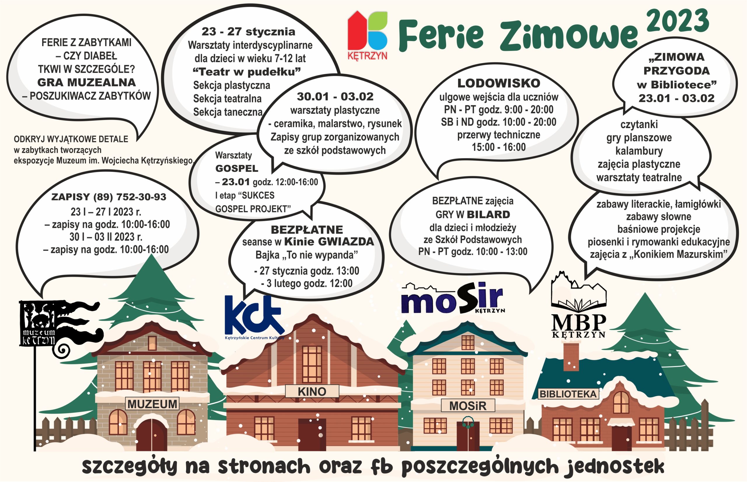 Przed nami dwa tygodnie zimowej przerwy od nauki! To czas na regenerację i świetną zabawę ???‍♀️ W tym roku o atrakcje w czasie ferii w Mieście #Kętrzyn zadbały miejskie jednostki kultury i sportu!  Poniżej znajdziecie rozpiskę zajęć przygotowanych przez Kętrzyńskie Centrum Kultury, Muzeum im.Wojciecha Kętrzyńskiego, Miejska Biblioteka Publiczna w Kętrzynie i Miejski Ośrodek Sportu i Rekreacji w Kętrzynie.  Wszelkich szczegółów szukajcie na stronach oraz FB KCK, Muzeum, Miejskiej Biblioteki i MOSiR ?? Już dziś życzymy Wam kreatywnych pomysłów i udanej zabawy ?