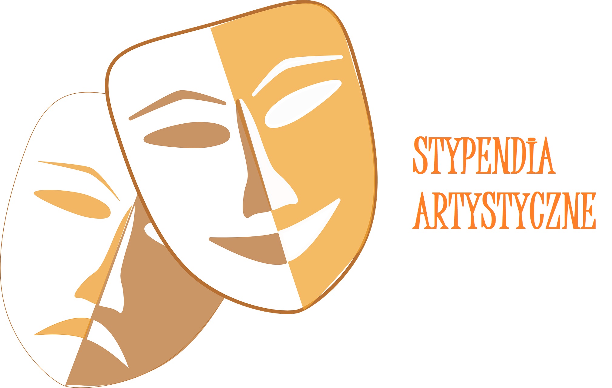 Na grafice znajdują się dwie maski złoto białe maski teatralne oraz napis Stypendia Artystyczne